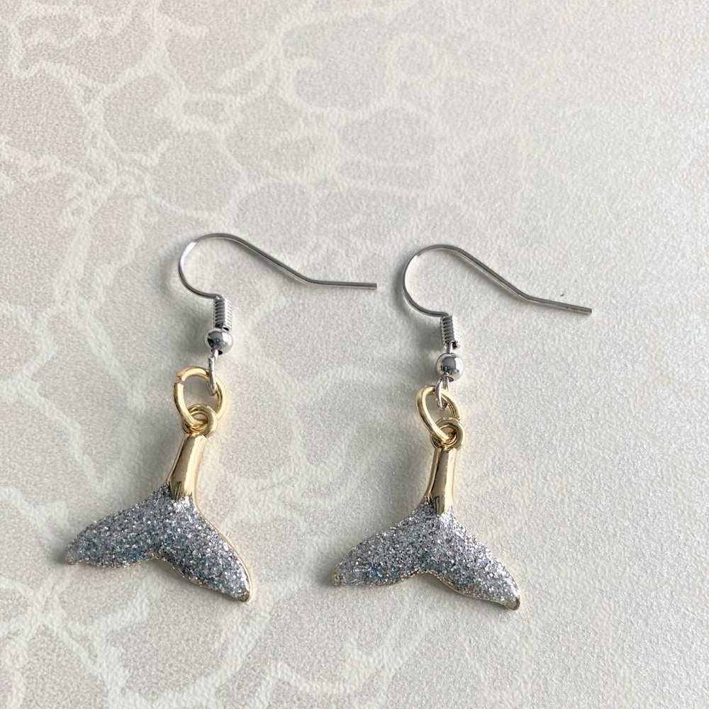 Silver Glitter Mermaid Tail Dangle Earrings with Gold Accents
